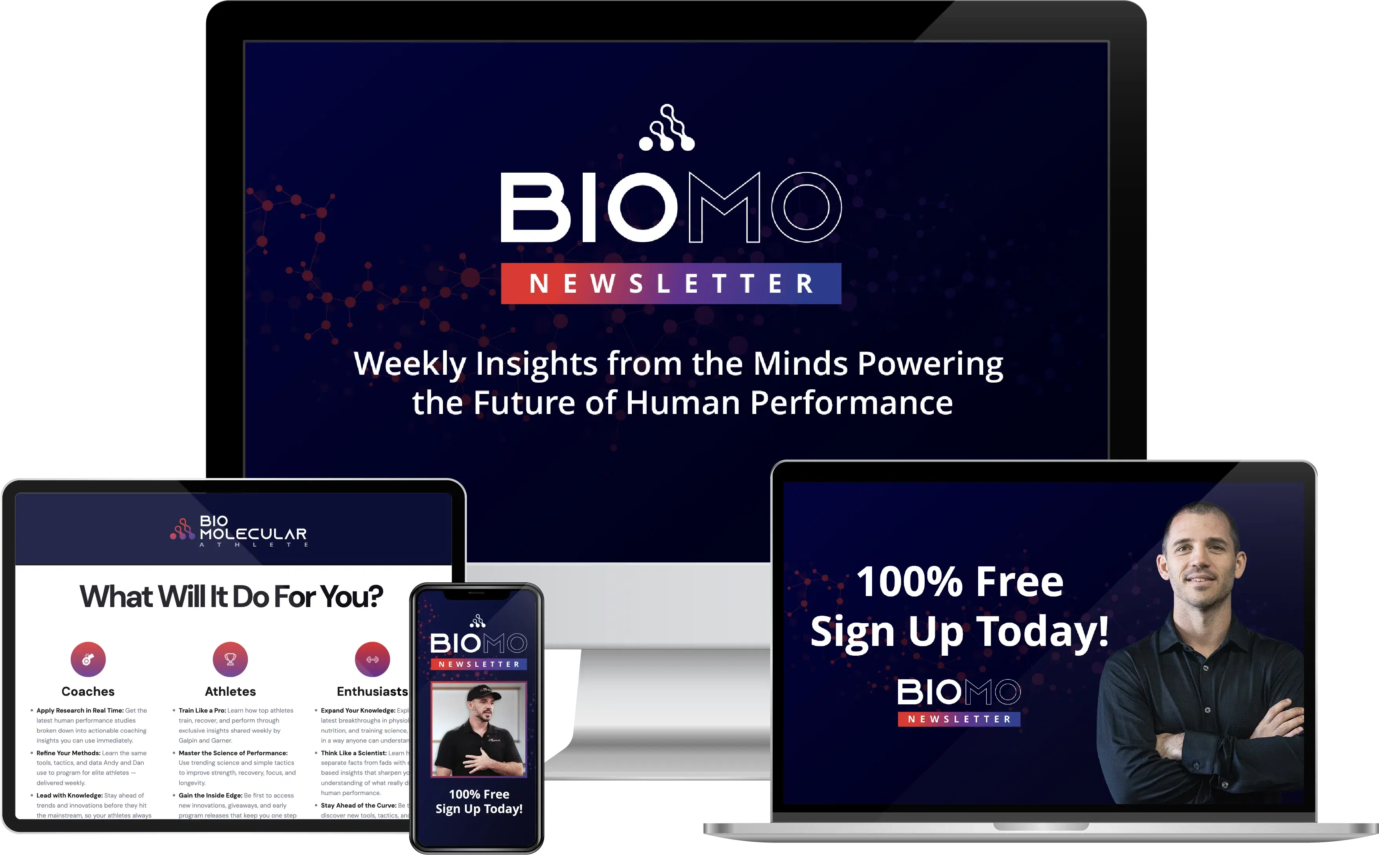 BioMo Newsletter on laptop, tablet, and phone